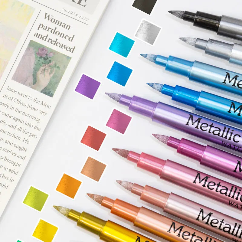 12 Colors Brush Metallic Paint Markers Pens for Rock Painting Stone Ceramic Wood Fabric Pebbles Scrapbook Journals Photo Albums