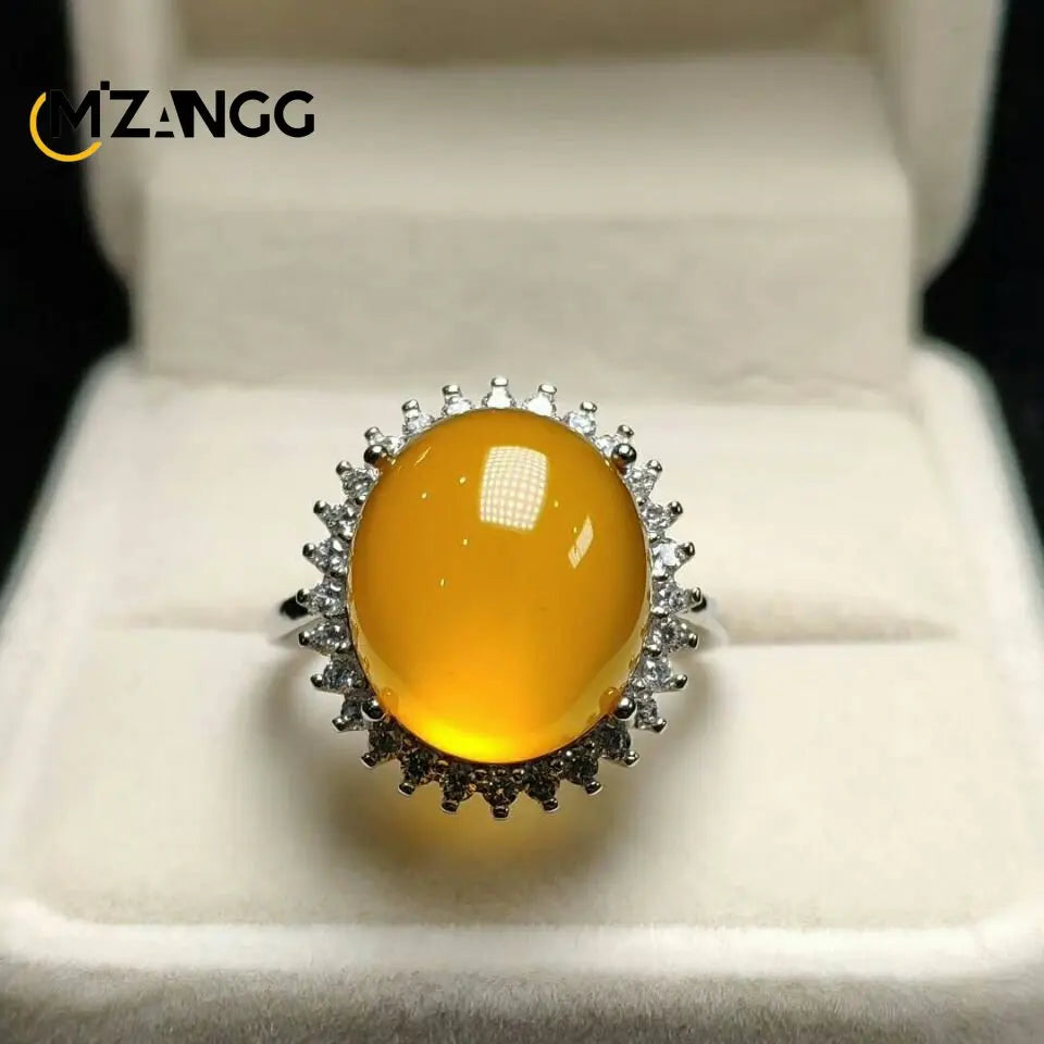 S925 Silver Inlaid Agate Ring Opening Adjustable Natural Green Chalcedony Hand-carved Ring Fashion Boutique Jewelry Women Ring