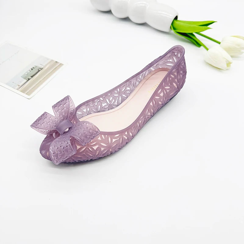 Resillee Women's Hollow Out Jelly Shoes Breathable Rubber Flat Sandals with Bow Knot, Closed Toe Slip On Waterproof Summer Beach