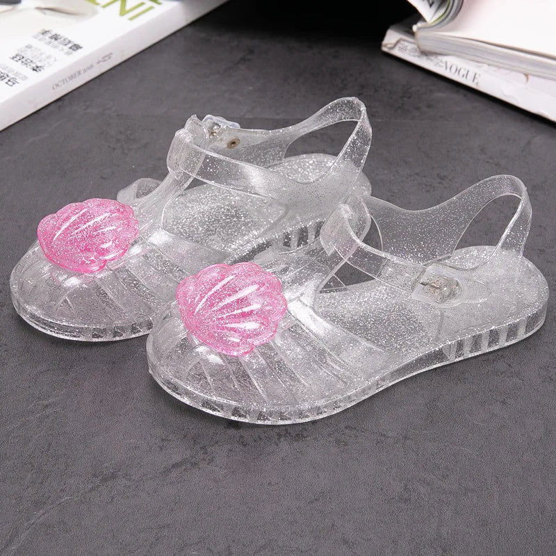 Summer Children Closed-Toe Beach Soft Sole Non-Slip Kids Hollow Casual Shoes Jelly Crystal Girls Casual Roman Princess Sandals