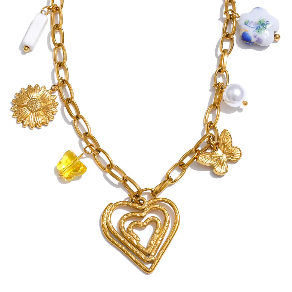 Yhpup Ocean Style Stainless Steel Pearl Shell Starfish Flower Chilli Drop Charm Necklace Golden Plated Handmade Holiday Jewelry