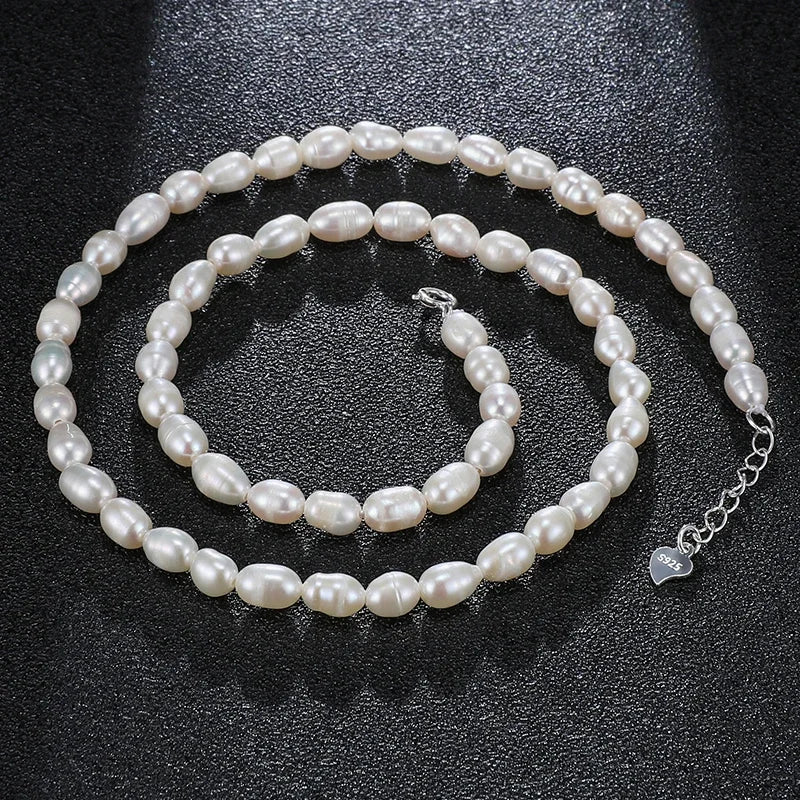 HENGSHENG Small Size 4.5-5.5mm Natural Freshwater White Pearl Necklace Rice Shape Fashion S925 Silver Jewelry for Women Girls