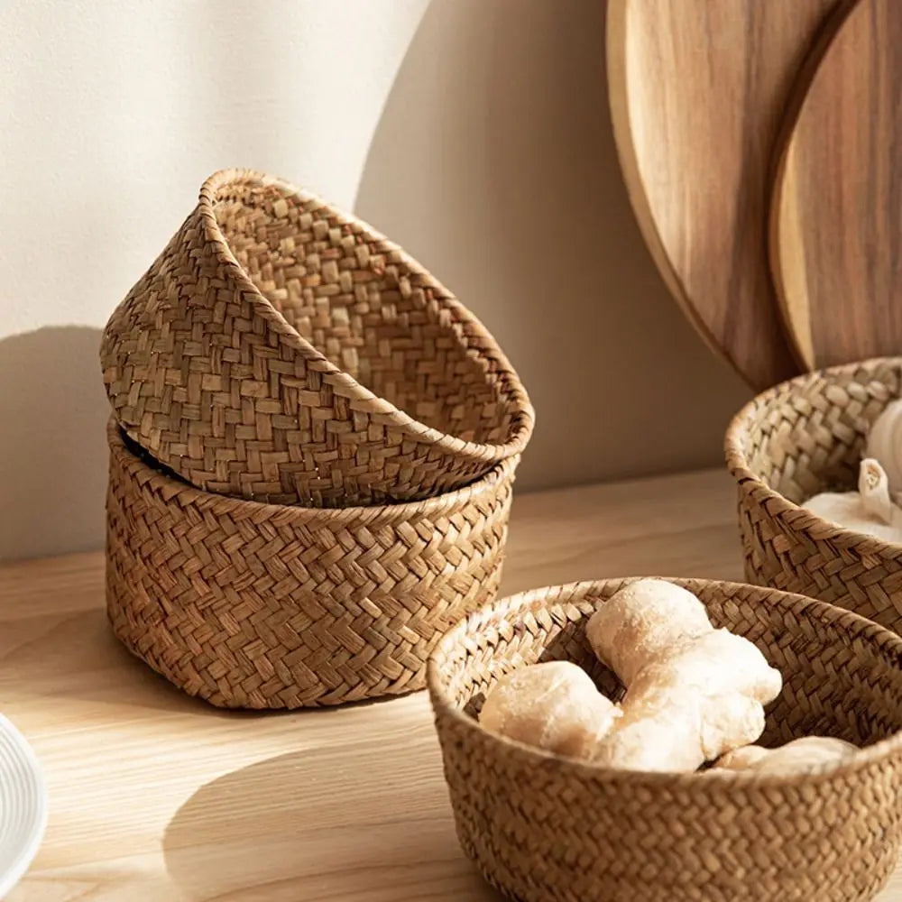 Imitation Rattan Rattan Storage Baskets Home Desktop Decoration Sundries Organizer Kitchen Storage Basket Multi-Purpose Home