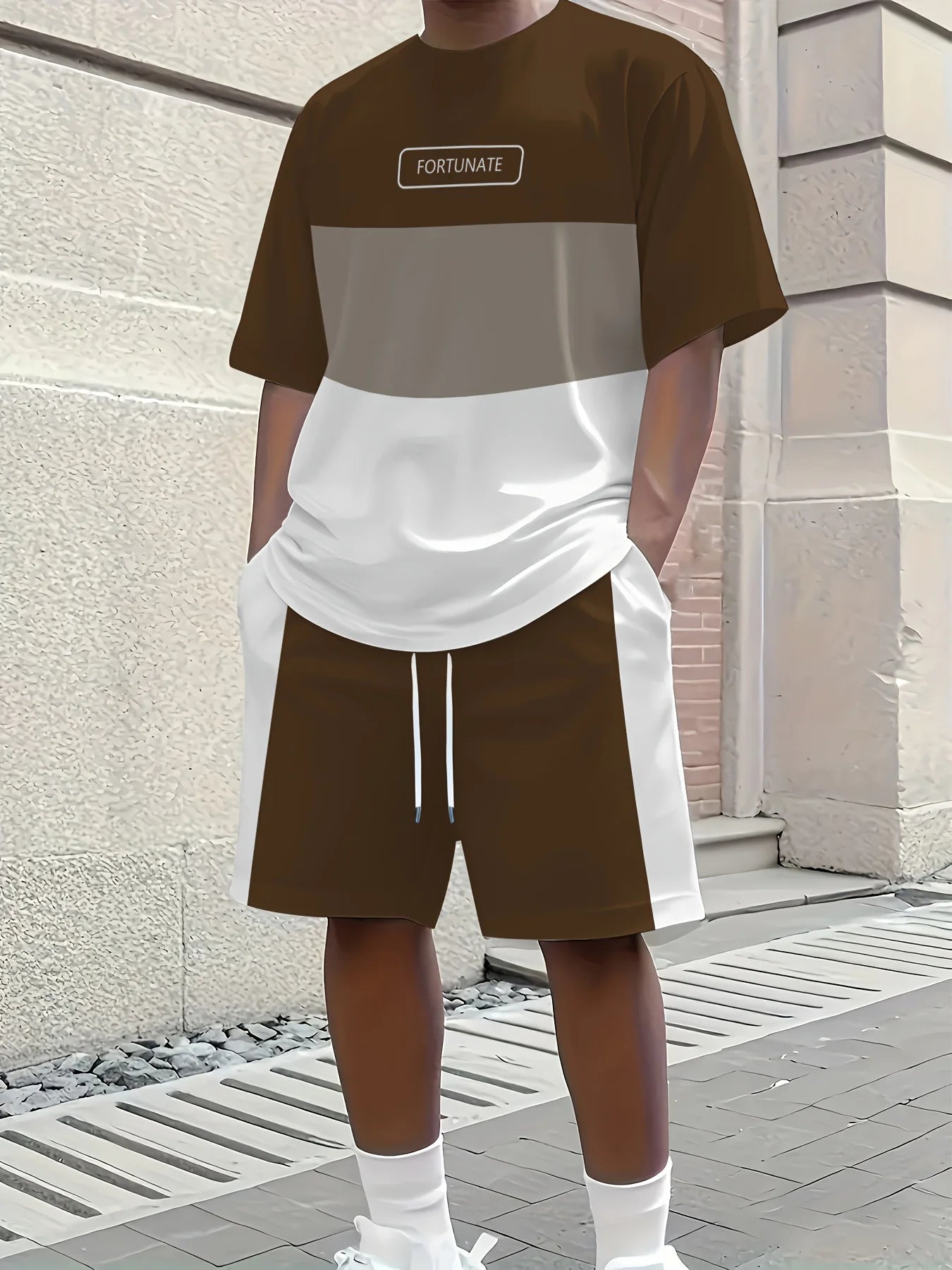 2026 Casual Men's Set Summer Apparel Color-Blocked Short-Sleeve Top Relaxed Drawstring Shorts Stylish Streetwear Ensemble