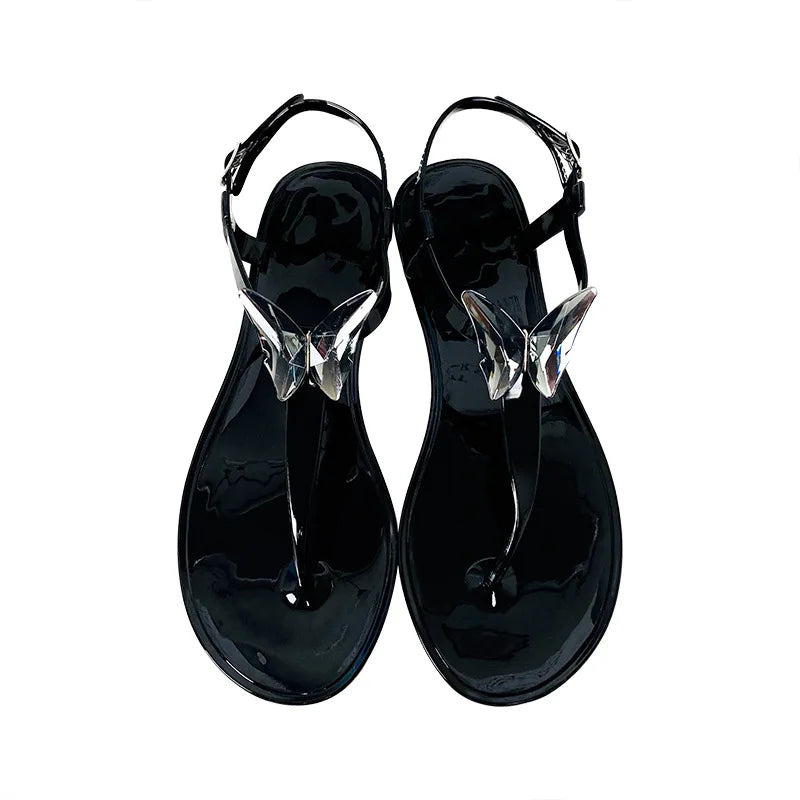 Size 36-42 Women Girls Jelly T- Tied Sandals INS Hot Sales Butterfky Transparent PVC Summer Beach Flip-flop Shoes S1064