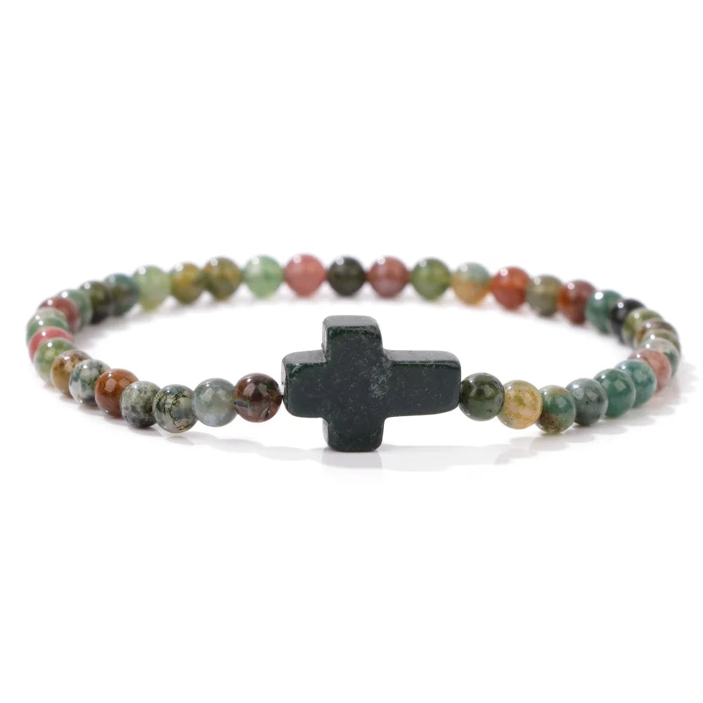 Trendy 4mm Beads Bracelet Stone Cross Charms Bracelet For Women Natural Gems Crystal Bangles Handmade Jewelry Men Yoga Prayer