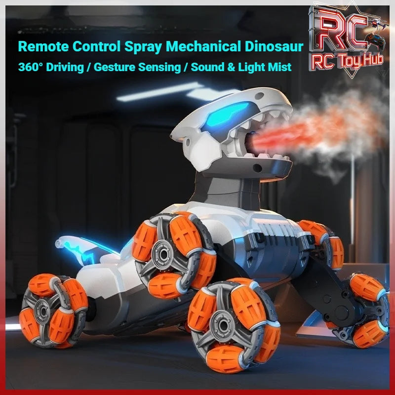 New Gesture Sensing RC Mechanical Dinosaur 8-Wheel Stunt Car with Lights Music Spray Drift 360° Rotation Rechargeable Vehicle