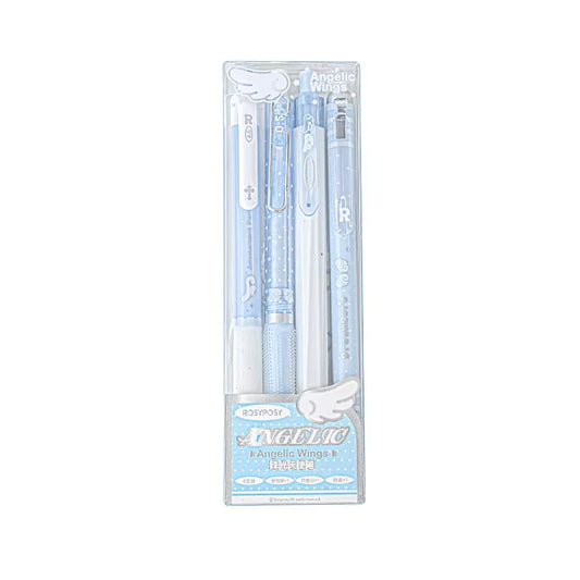 4pcs/set Pearl Angel Gel Pen Set Cute Exam Pens with Wing Design Kawaii Cartoon 0.5mm Black Ink for Kids Back To School Student
