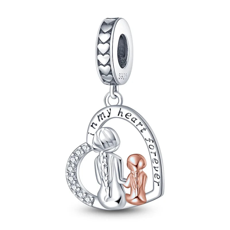 925 Silver Family Series Mother Daughter Splittable Heart Mom Charm Beads Fit Necklace Bracelet Mother's Day DIY Jewellery Gifts