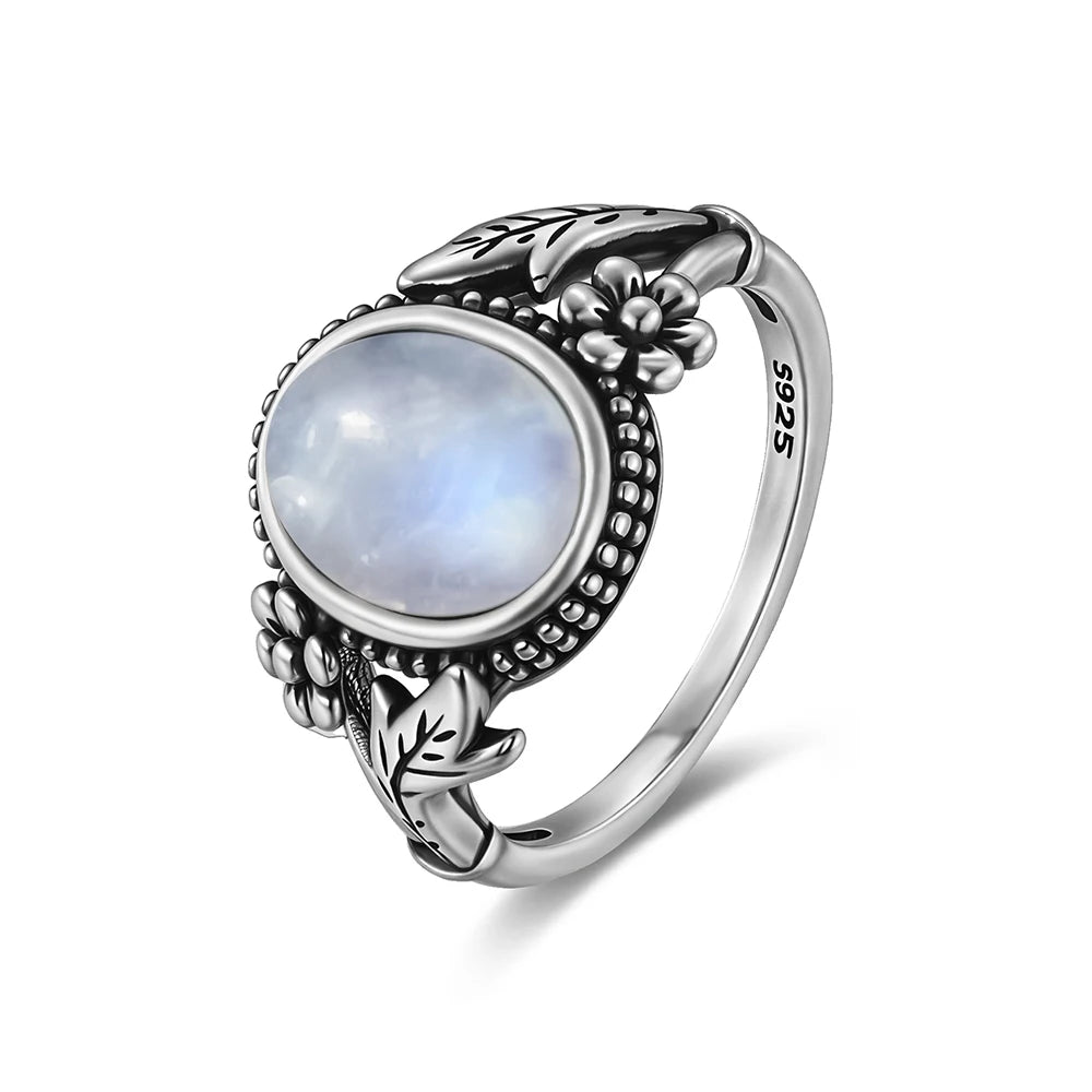 Vintage S925 Sterling Silver Natural 8*10mm Larimar Stone Ring Gift Flower leaf Shaped Moonstone Ring Fine Jewelry For Women