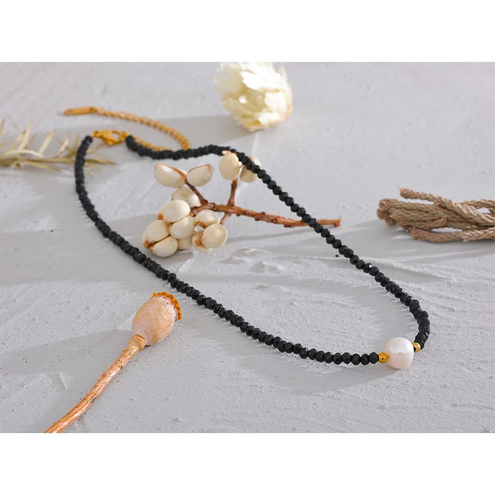 Yhpup Black Crystal Beads Chain Stainless Steel Natural Pearl Collar Necklace for Women Handmade Trade Trendy Simple Jewelry