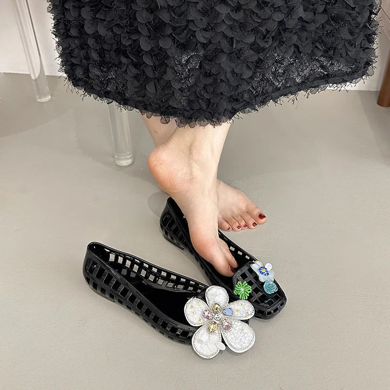 Transparent Crystal Jelly Sandals Hollow Out Slippers Korean Style Flat Shoes Women's Square Toe Shallow Slip on Ballet Loafers