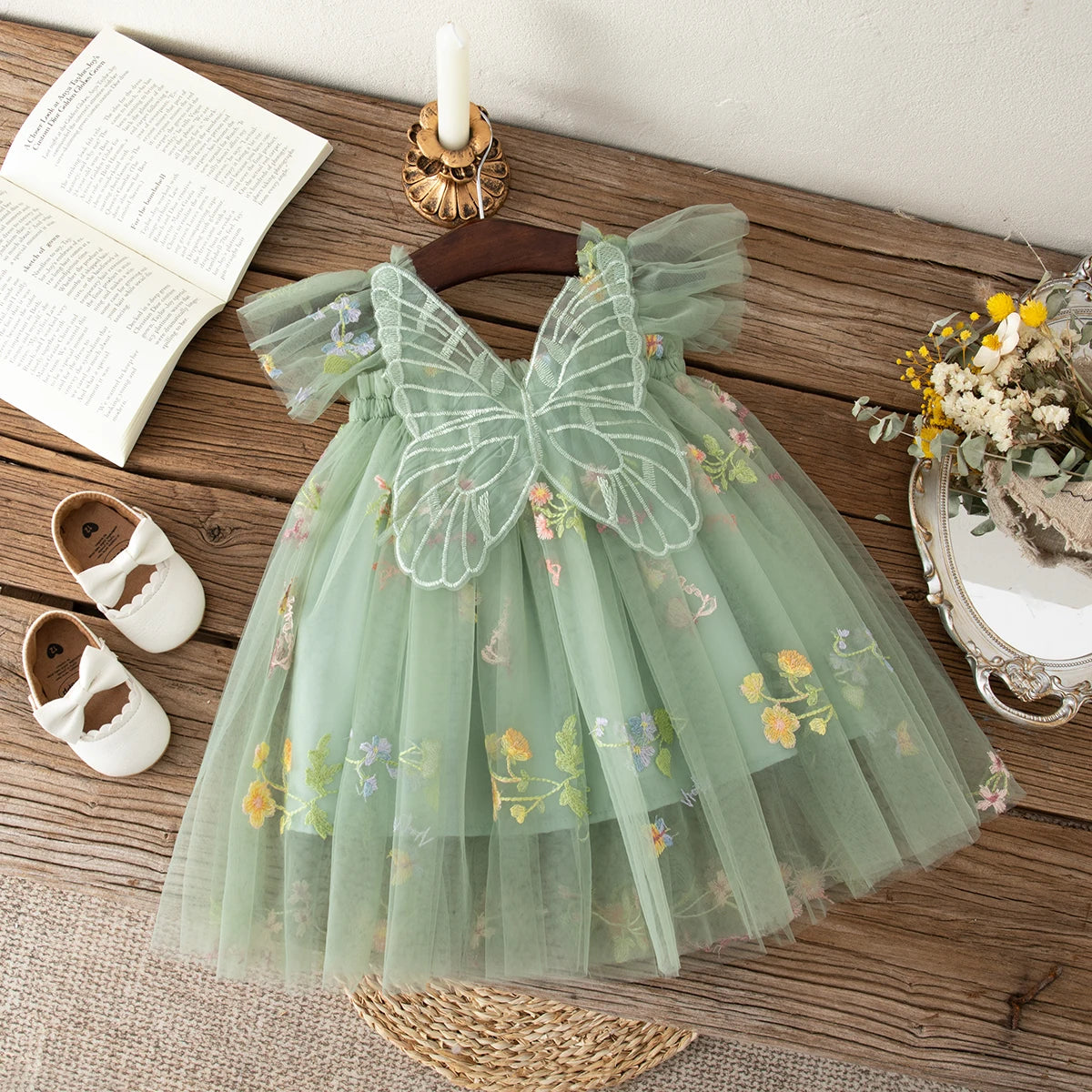 Summer Baby Girl Butterfly Wing Princess Dress Floral Embroidery Sleeveless Gauze Dress Girl Wedding Party Costume Nine Colors