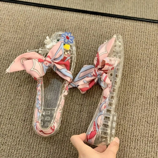 Women's Square Open Toe Jelly Flats DIY Crystal Floral Handmade Mesh Sandals Casual Slip-On Summer Shoes Holiday-style Sandals