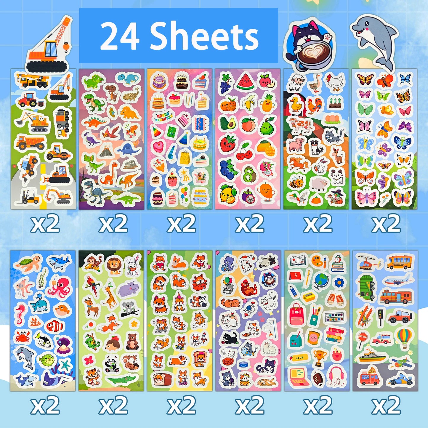 12-36 Sheets Stickers Bulk for Kids Scrapbooking Including Animals, Fruits, Dinosaurs, Cats, Fish, Cars and More, Party Favors f