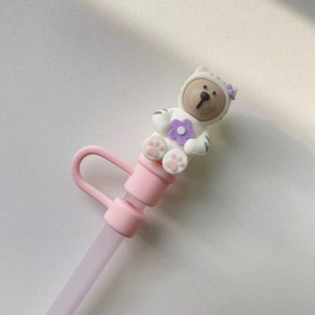 1pc Cute Bear Silicone Straw Cover Dust Plug for 7-8mm Straw Cups Tumblers Drink Lid Cap Creative Straw Toppers Cup Accessories