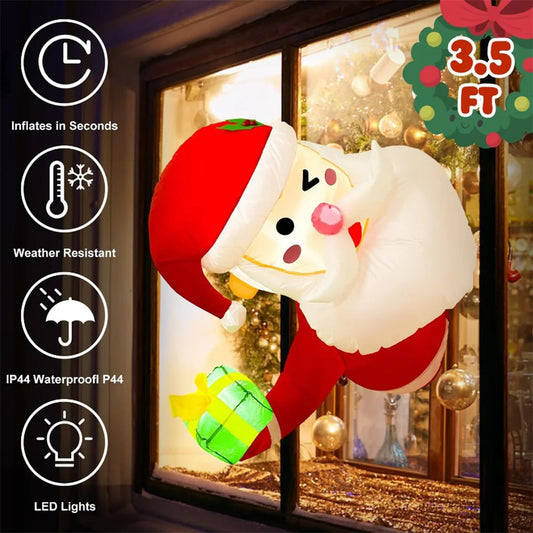 Christmas Inflatable Climbing Window Santa Claus/Sitting Elf Model with LED Lights, For Xmas Party Indoor Gift Decoration Props