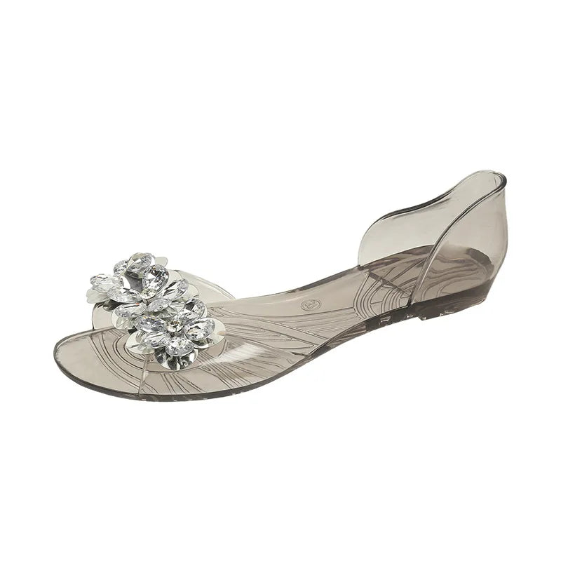 2026 Summer Women Glitter Sequins Jelly Sandals Clear Crystal Flat Peep Toe Transparent Outdoor Casual Slip On Footwear