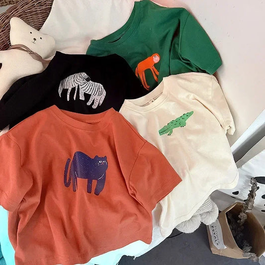 ‌Korean Style Summer Kids T-Shirt Cute Cartoon Print Loose Fit Drop Shoulder Mid-Sleeve Top for Baby Boys Girls Toddler Clothes
