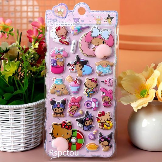 Hot Cute Kawaii Sanrio 3D Relief Stickers HelloKitty Kuromi My Melody Buttocks Cartoon Decals Cute Stress Relief Sticker Gifts