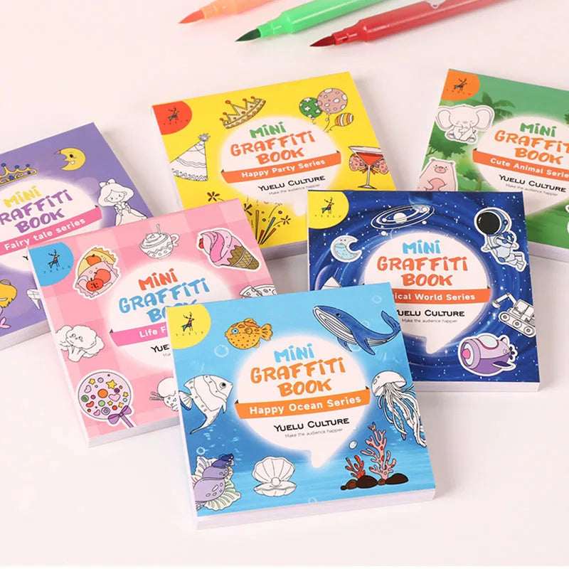 50Sheets/Pcs Mini Graffiti Notebook for Kids Cartoon Ocean Animal Food Party Space Color Filling Books Children Drawing Picture