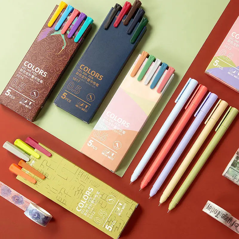 5PCS Retro Colored Gel Pen Set 0.5 mm Kawaii Fine Point Ballpoint Pens School Office Supplies Stationery
