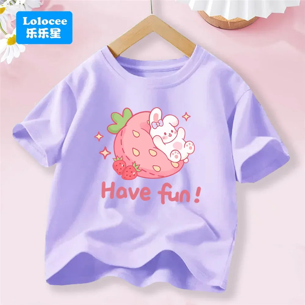 3-14T Kid Clothes Summer Cotton T Shirt Short Sleeve Top Beauty Tulip Flower and Rabbit Print Tee Childrens Candy Color Tshirt