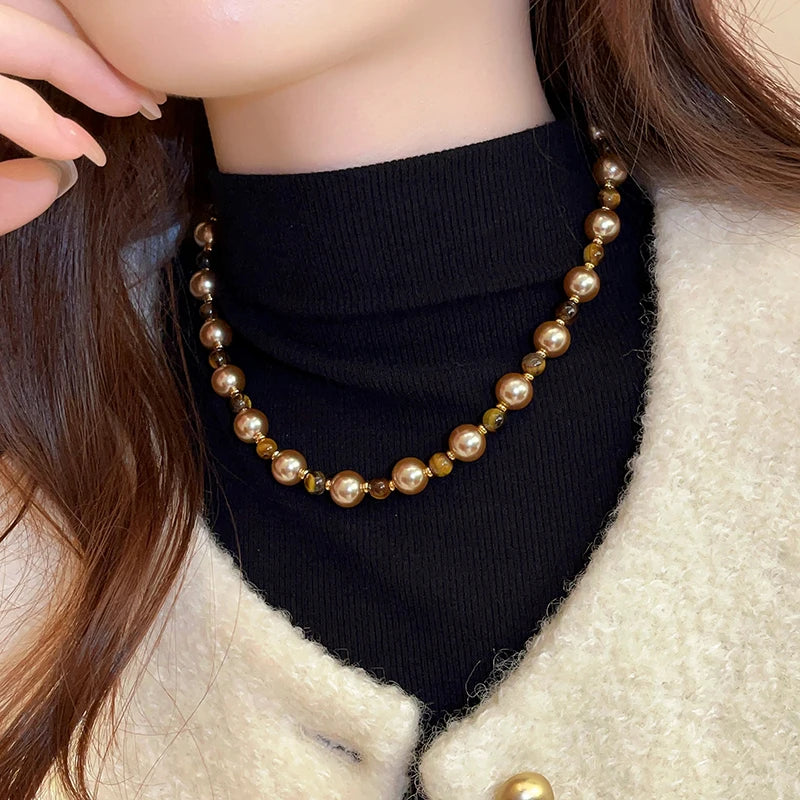Maillard Natural Tiger's-eye Champagne Pearl Bead Necklace For 2024 Fashion Jewelry Women's Sexy Sweater Chain Neck Accessories