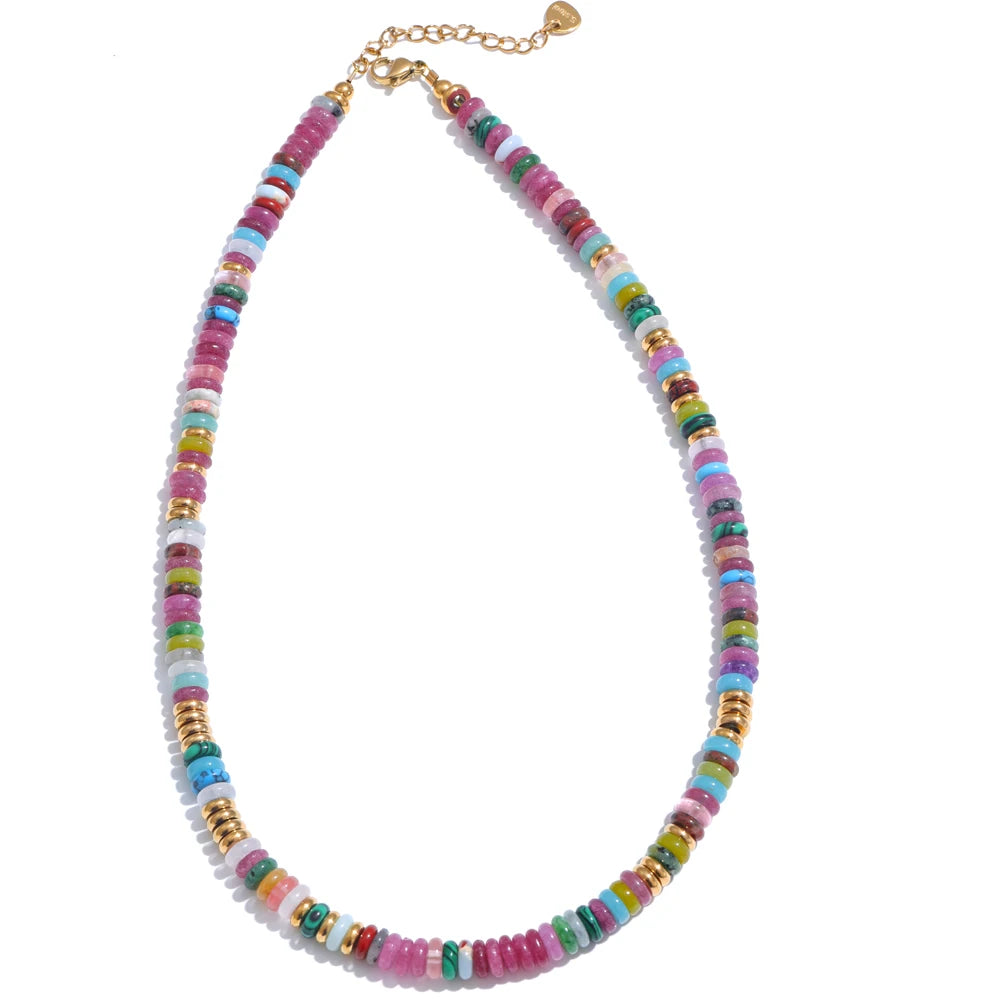 Yhpup Colorful Natural Stone Beads Handmade Chain Y2K Fashion Necklace for Women Stainless Steel Waterproof Collar Jewelry Gift