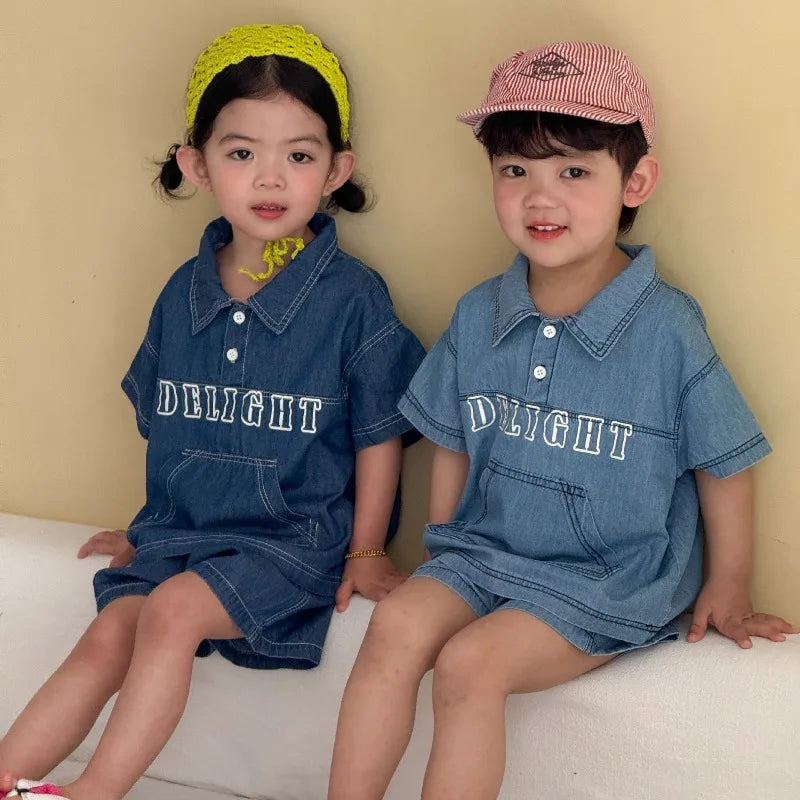 Childrens Summer Denim Set 2026 New Summer Clothes for Girls Loose and Casual Boys Short Sleeved Shorts Baby Clothes