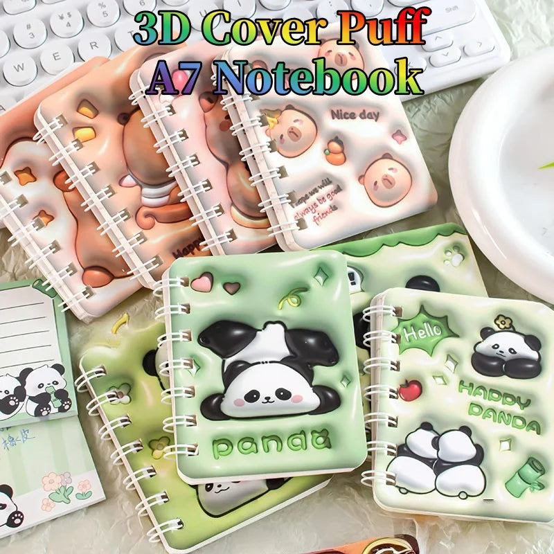 3D Cover Puff A7 Notebook for Students, High-Aesthetic Spiral Mini Journal, Portable Notepad for School Office Capybara Panda