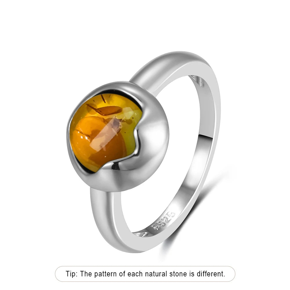 S925 Sterling Silver Ring With Natural Amber Stone Flower Shape Oval Petal Amber Stone Gifts Fine Jewelry For Women