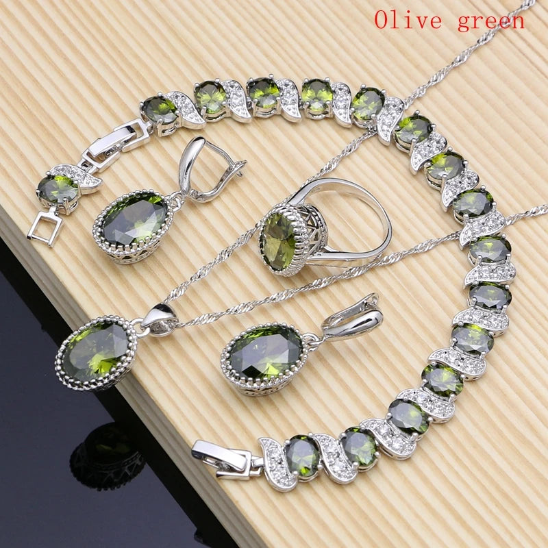 Natural 925 Silver Jewelry Red Birthstone Charm Jewelry Sets Women Earrings/Pendant/Necklace/Ring/Bracelets T055