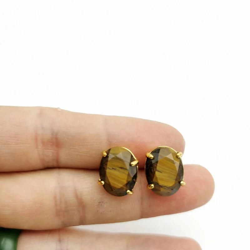 Oval Shape Stud Earrings Silver Color Natural Stone Faceted Pink Quartz Crystal Tiger Eye lapis lazuli Healing Jewelry Female