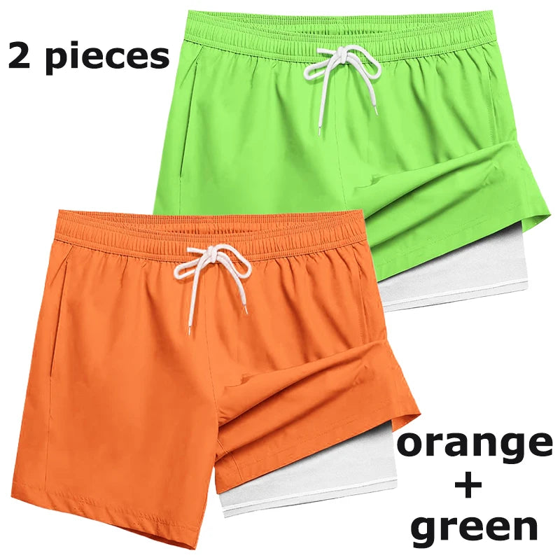 Mens Swim Trunks with Compression Liner Phone Pocket Summer Quick Dry Board Shorts Beach Shorts Swimwear Swimsuit Bathing Suits