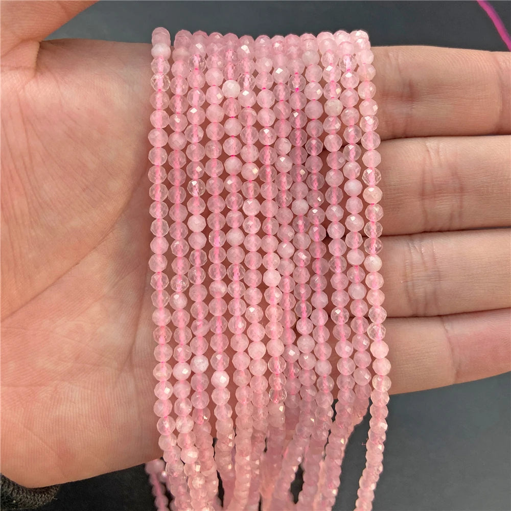 2mm 3mm 4mm Faceted Natural Stone Pink Rose Quartzs Crystal Beads Round Amethysts Loose Beads for DIY Jewelry Making Necklace