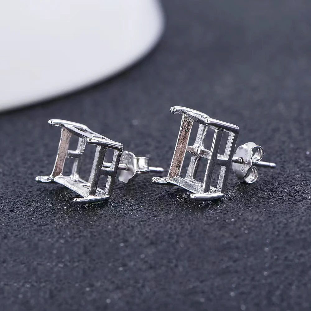 Multi-size Simple Four-Prong Rectangular Earring Settings, Minimalist Style Earring Base Frames, S925 Sterling Silver Material
