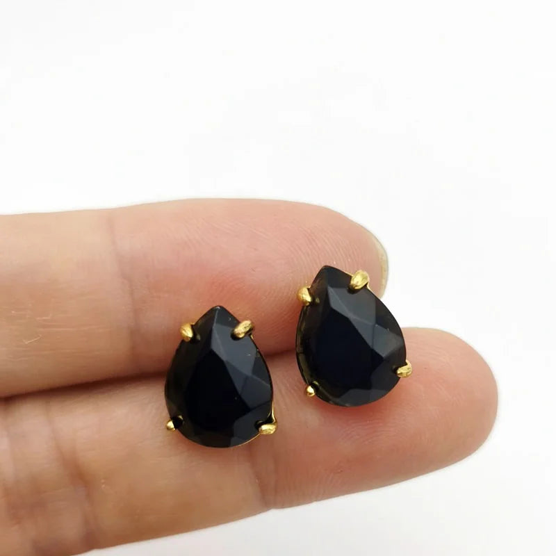 Water Drop Shape Stud Earrings Golden Color Natural Stone Faceted Pink Quartz Crystal Tiger Eye opal Healing Jewelry Female