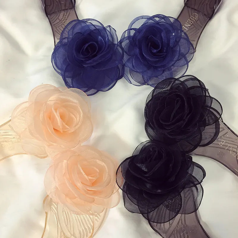 Size 35-41 Women Girls Transparent PVC Jelly Sandals Peep-toe Flats Summer Shoes INS Hot Sales Lace Camellia Flower Slippers