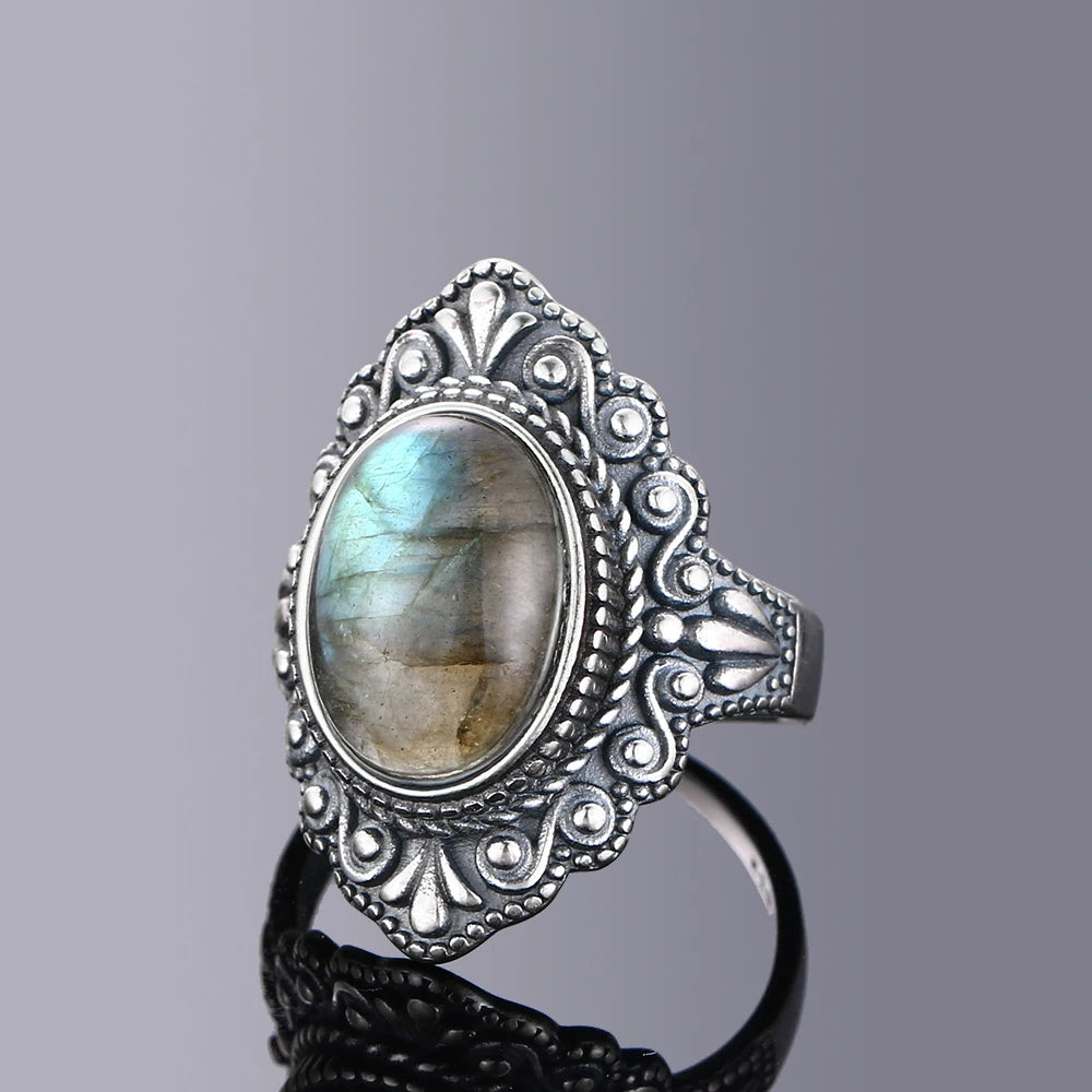 Oval Natural Labradorite Rings for Women Men S925 Silver Ring Finger Ring Retro Gemstone Rings Jewelry Party Gift