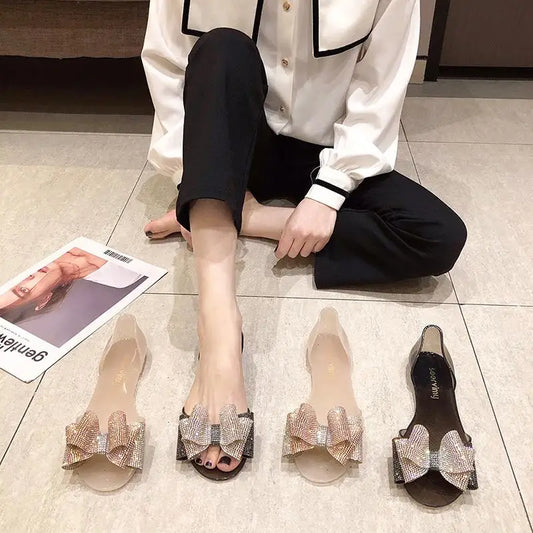 Comemore Jelly Shoes 2025 Women's Flat Fish Mouth Rhinestone Bow Beach Shoes Seaside Leisure Fashion Transparent Plastic Sandals