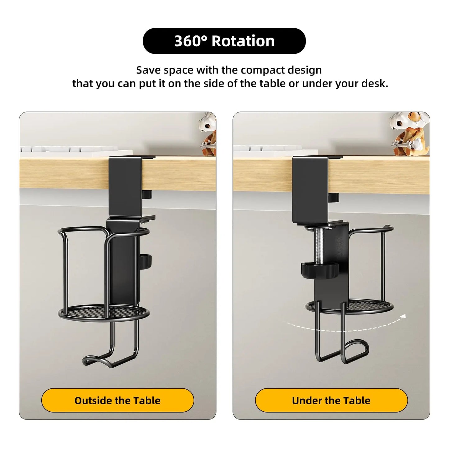 2 in 1 Desk Cup Holder with Headphone Hanger Holder, Anti-Spill Clip-On Table Cup Hook with 360° Rotation for Office Home Table
