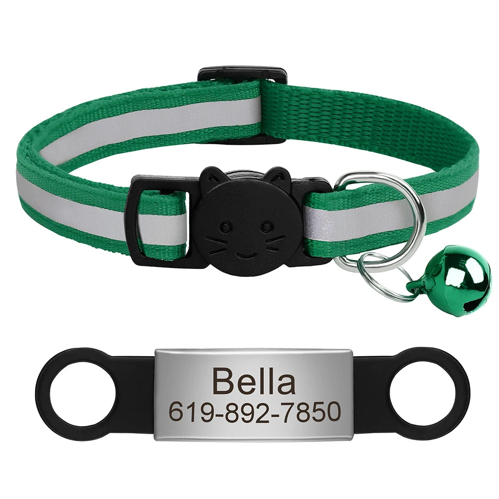 Customized Cat Collar Reflective Cat Collar Free Engraved Puppy Kitten Pet ID Nameplate Necklace With Bell Anti-lost For Cats