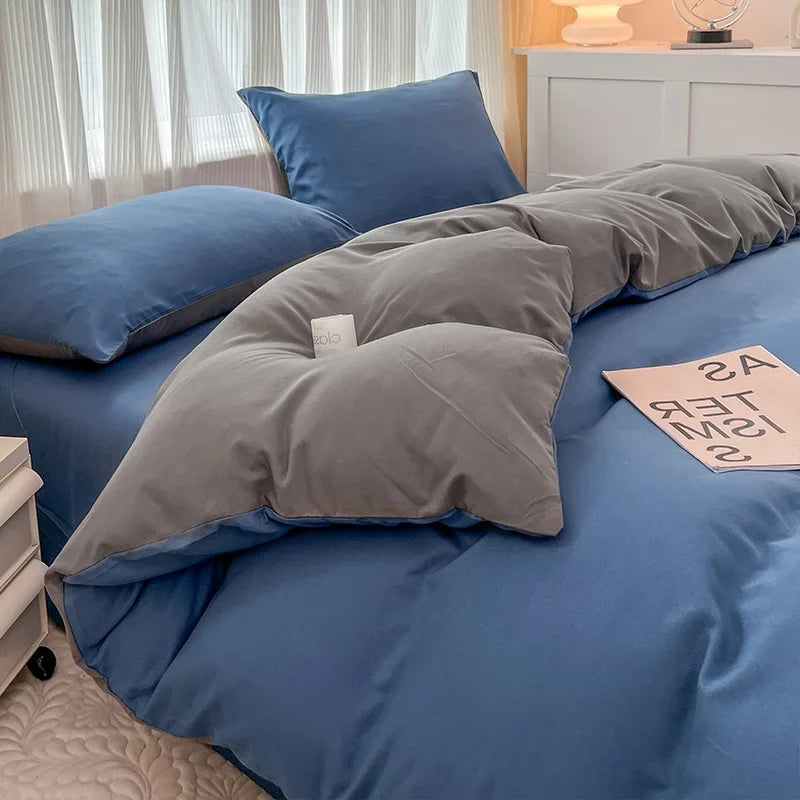 2-side Solid Color Brush Fabric Bed Set 4 Pieces Duvet Cover Pillowcase Bedding Set Bed Sheet Quilt Cover Single Queen King Size