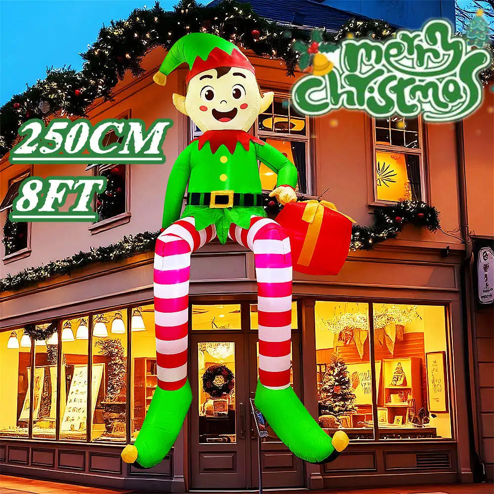 Christmas Inflatable Climbing Window Santa Claus/Sitting Elf Model with LED Lights, For Xmas Party Indoor Gift Decoration Props