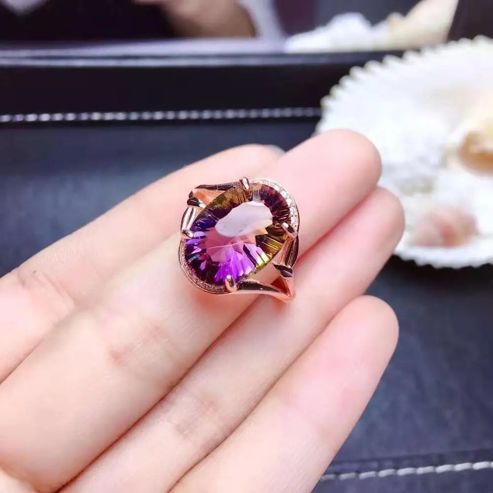 FS 10*14mm Natural Ametrine Ring Real S925 Sterling Silver Fine Fashion Charm Wedding Jewelry With Certificate for Women MeiBaPJ