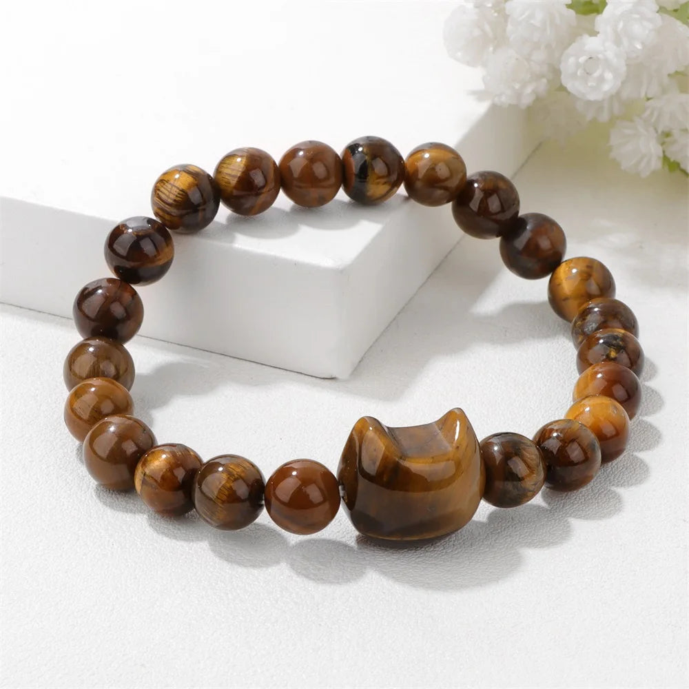 Natural Cat Head Carved Stone Bracelet Tiger Eye Amethyst Agate 8mm Round Gem Bead Elastic Bracelets For Women Men Jewelry Gift