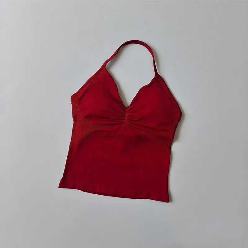 Sexy Halter Neck Beautiful Back High Waist Peach Sports Bras Shorts Suit Pilates Gathering Yoga Vest Training Fitness Bra Sets