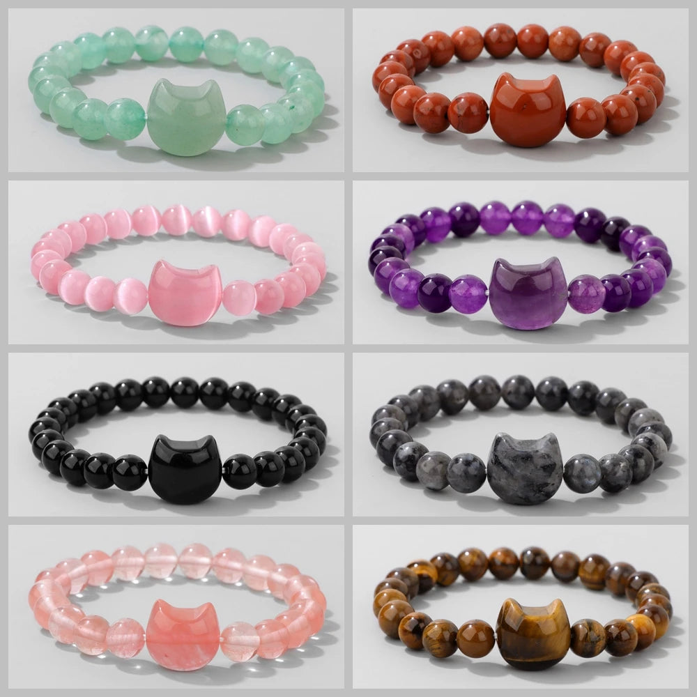 Natural Cat Head Carved Stone Bracelet Tiger Eye Amethyst Agate 8mm Round Gem Bead Elastic Bracelets For Women Men Jewelry Gift