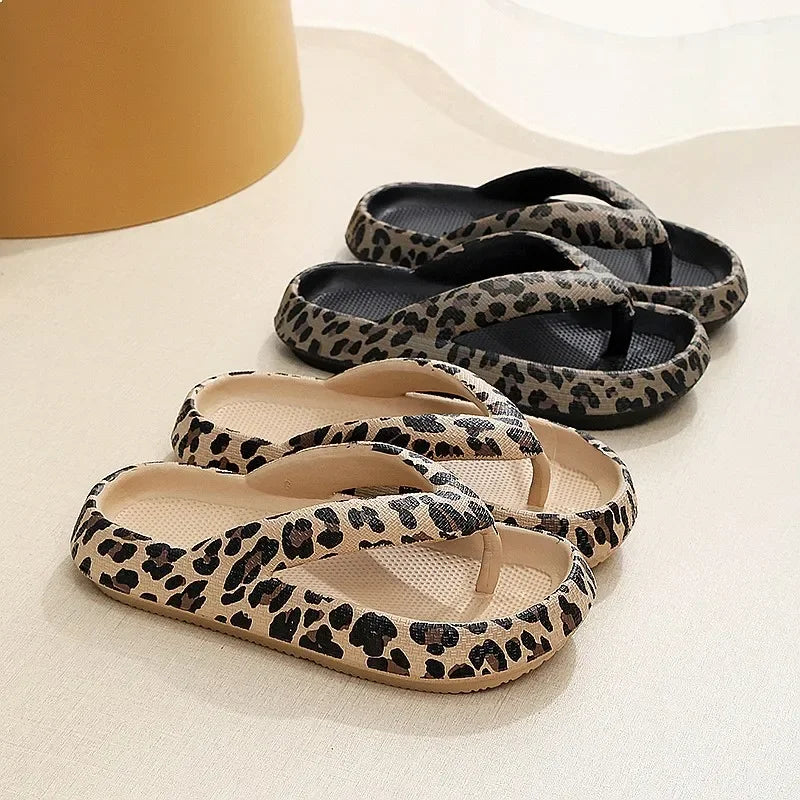 Summer Women Comfort Flip Flop Leopard Soft Thick Soled Cloud Slippers Travel Vacation Beach Sandals